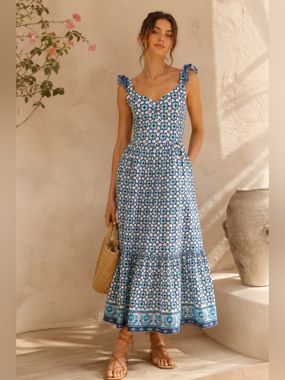 NWT Lucky Brand Blue Floral Print Cotton Midi Dress Ruffle Strap Pockets XS